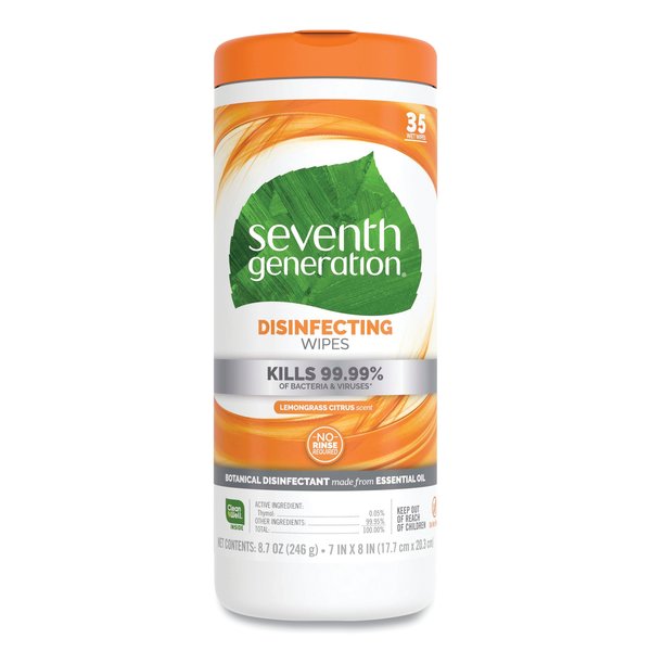 Seventh Generation Towels & Wipes, White, Cloth-Like, 35 Wipes, 7" x 8", Lemongrass Citrus 22812EA